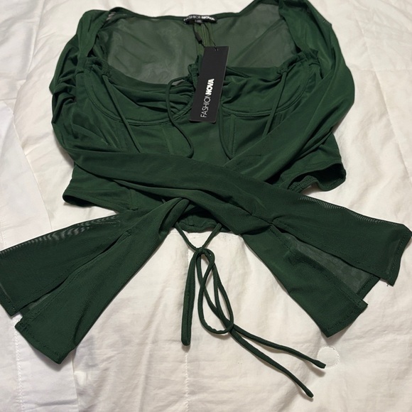 Fashion Nova Dark Green Melanie Mesh Corset Top with Detachable Sheer Sleeves S - Picture 6 of 10